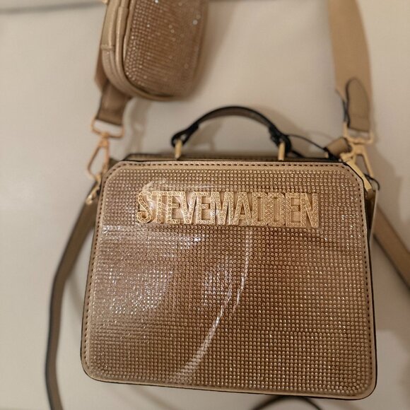 NWT STEVE MADDEN BEVELYN RHINESTONE SATCHEL CROSSBODY BAG W AIR POD CASE GOLD SM - Picture 3 of 6